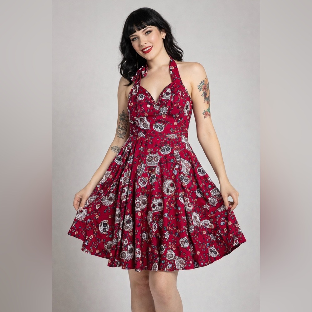 Hell Bunny Vixen Red Halter Dress – Skull Print size medium